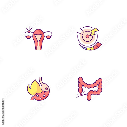 Abdominal inflammation RGB color icons set. Ectopic pregnancy. Acute pain. Heartburn. Constipation. Stomach infection. Fallopian tube. Acid reflux. Hemorrhoids. Illness. Isolated vector illustrations