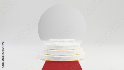 Round marble pedestal steps with gold frame with mirror and red carpet isolated on white background. 3d rendered minimalistic abstract background concept for product placement. photo