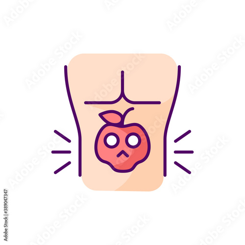 Food poisoning RGB color icon. Foodborne illness. Stomachache sickness. Cramping. Eating contaminated food. Abdominal pain. Chronic digestive problems. Gastric distress. Isolated vector illustration