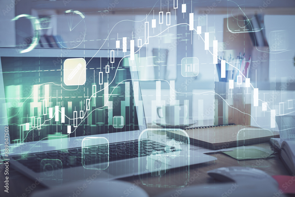 Forex market chart hologram and personal computer background. Double exposure. Concept of investment. Forex market chart hologram and personal computer background. Double exposure. Concept of investment.