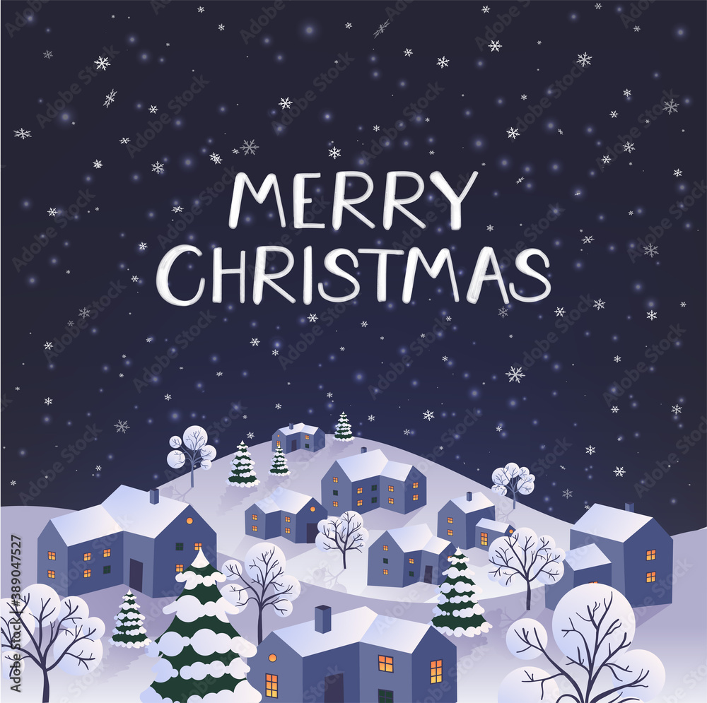Merry Christmas vector illustration. Snow covered little town.