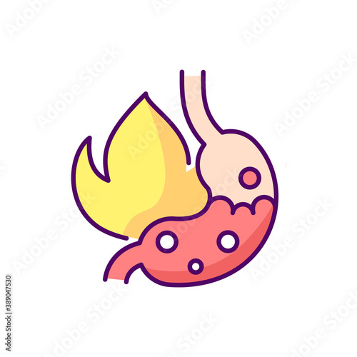 Heartburn RGB color icon. Acid reflux. Gnawing pain. Discomfort. Indigestion. Uncomfortable sensation in belly. Stomach ulcer. Burning in chest center. Dyspepsia. Isolated vector illustration