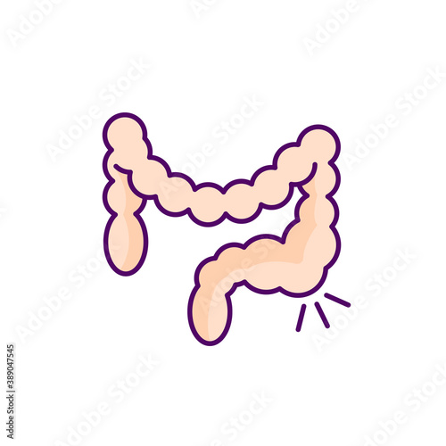 Constipation RGB color icon. Abdominal pain. Bowel movements. Hemorrhoids. Digestive disorder. Difficult stools passage. Blockage. Fissure and fecal impaction. Isolated vector illustration