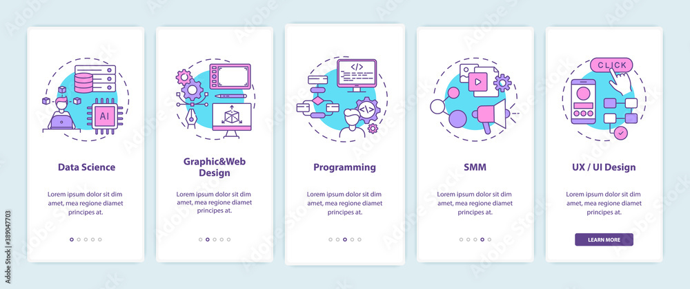 Top careers in IT for creative thinkers onboarding mobile app page screen with concepts. Data science creation walkthrough 5 steps graphic instructions. UI vector template with RGB color illustrations
