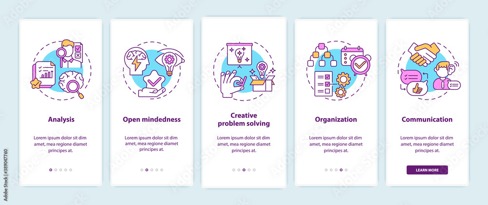 Creative thinking types onboarding mobile app page screen with concepts. Open minded people walkthrough 5 steps graphic instructions. UI vector template with RGB color illustrations
