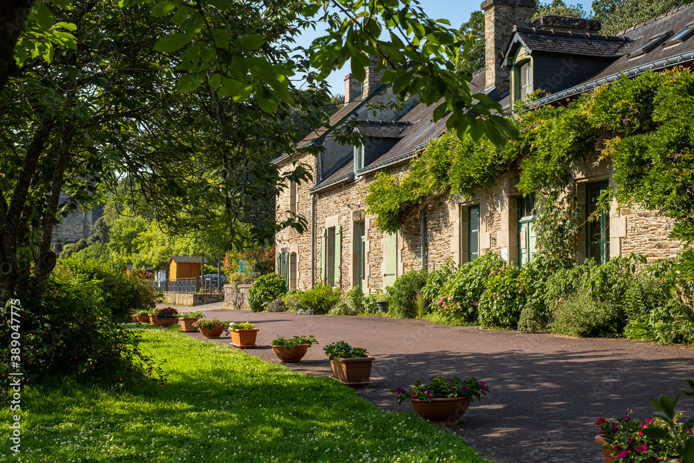 Facade of medieval stone houses in Josselin, in the Morbihan department of Brittany, France