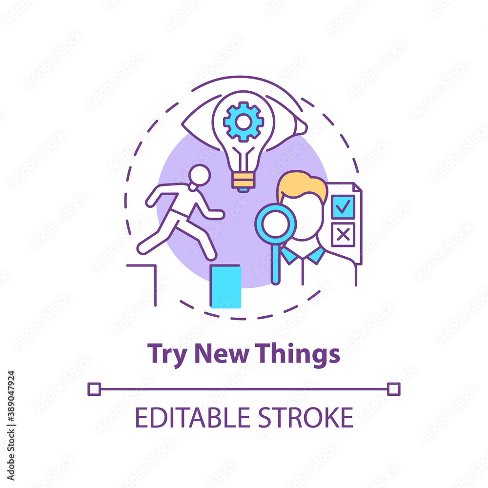 Try new things concept icon. Boosting creative thinking tips. Need to experience something different idea thin line illustration. Vector isolated outline RGB color drawing. Editable stroke Try new things concept icon. Boosting creative thinking tips. Need to experience something different idea thin line illustration. Vector isolated outline RGB color drawing. Editable stroke