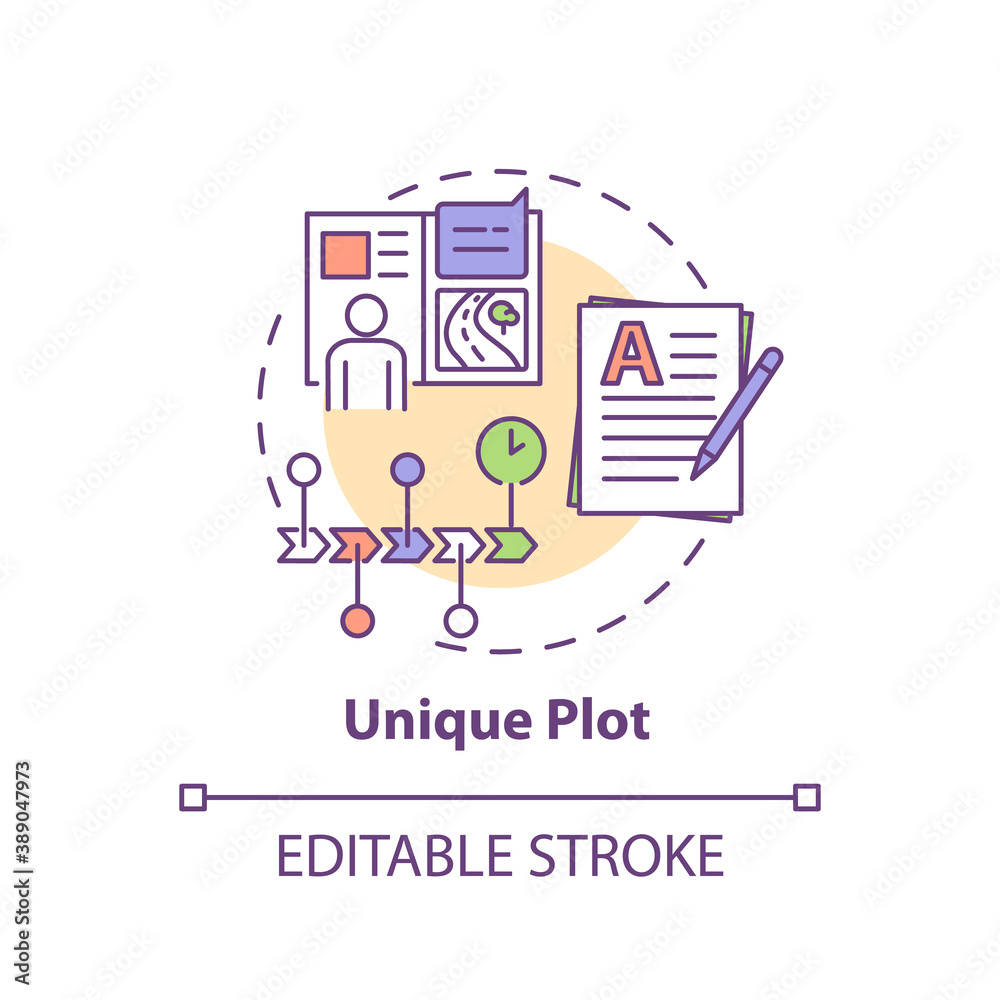 Unique plot concept icon. Creative writing elements. Creating not copied content. Different creations idea thin line illustration. Vector isolated outline RGB color drawing. Editable stroke