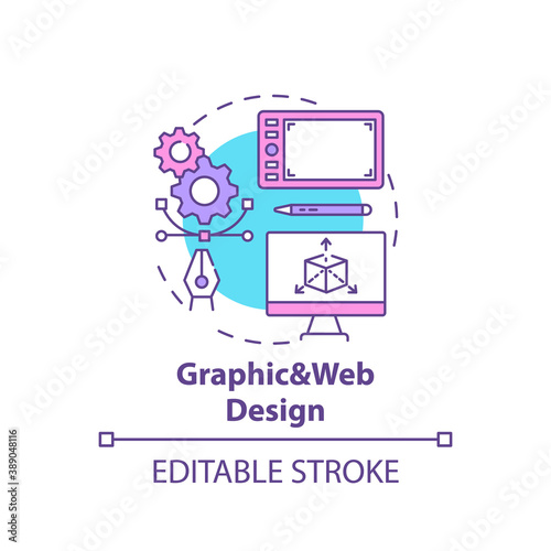 Graphic and web design concept icon. Top careers in IT for creative thinkers. Creation of art graphics idea thin line illustration. Vector isolated outline RGB color drawing. Editable stroke