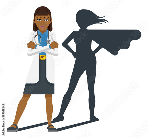 A young Asian woman medical doctor revealed as super hero by his superhero silhouette shadow