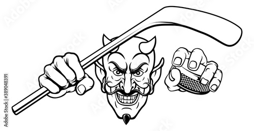 A devil or satan ice hockey sports mascot cartoon character holding a puck and stick