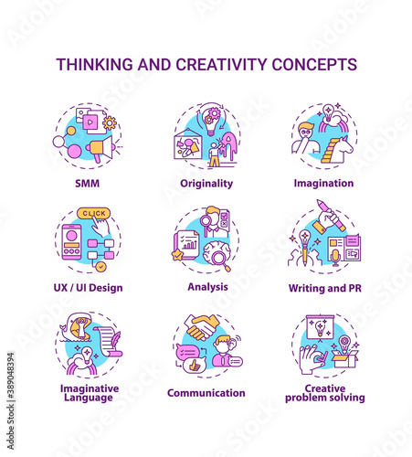 Thinking and creativity concept icons set. Social media marketing work. Creative problem solving idea thin line RGB color illustrations. Vector isolated outline drawings. Editable stroke © bsd studio