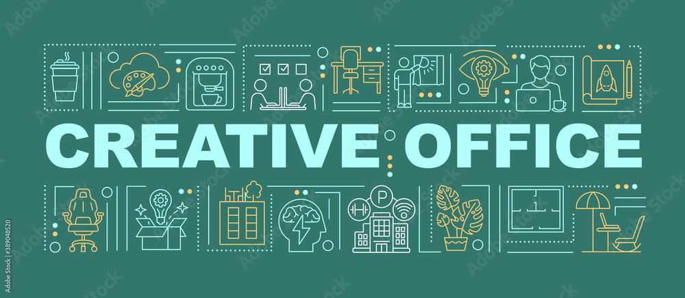 Creative workspace word concepts banner. Designed office. Infographics with linear icons on dark green background. Isolated typography. Vector outline RGB color illustration
