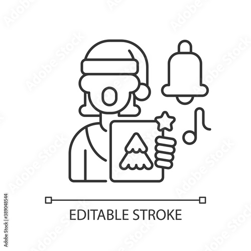 Singing carols linear icon. Festive song. Christmas celebration. New Year performance. Thin line customizable illustration. Contour symbol. Vector isolated outline drawing. Editable stroke