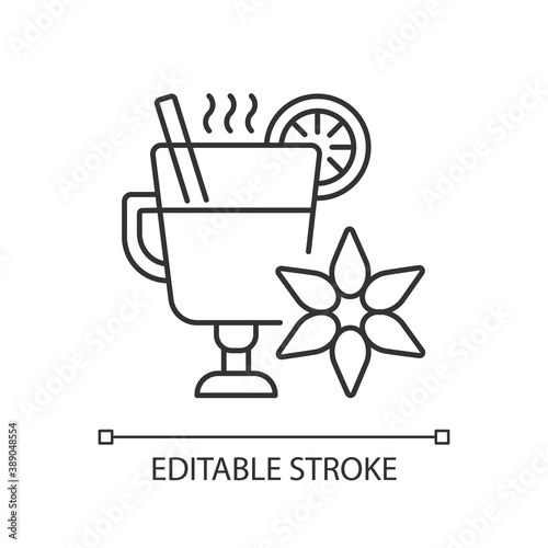 Mulled wine linear icon. Traditional holiday drink recipe. Wintertime beverage. Punch with spice. Thin line customizable illustration. Contour symbol. Vector isolated outline drawing. Editable stroke