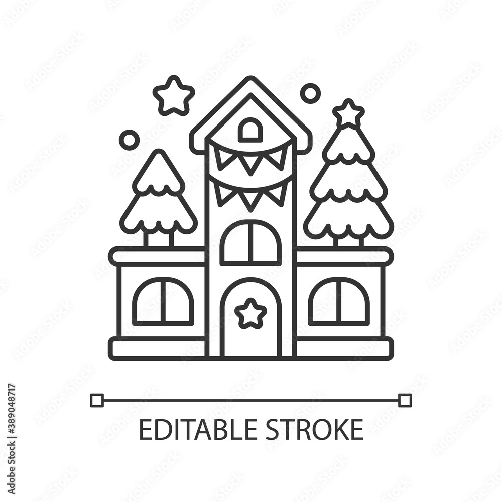 House decoration linear icon. Festive ornament on home. New Year celebration. Christmas season. Thin line customizable illustration. Contour symbol. Vector isolated outline drawing. Editable stroke