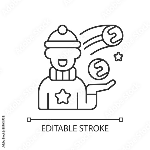 Snowball fight linear icon. Winter recreation. Snow ball children game. Christmas time. Thin line customizable illustration. Contour symbol. Vector isolated outline drawing. Editable stroke