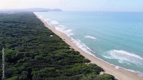 Drone view of Rimigliano beach (dog beach) in Tuscany, San Vincenzo (Italy). To the south the promontory of Piombino is visible, while to the west the Island of Elba