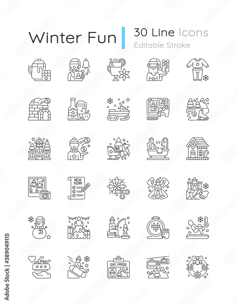Winter fun linear icons set. Snow angel. Ice skating. Christmas holiday. Festive season. Customizable thin line contour symbols. Isolated vector outline illustrations. Editable stroke