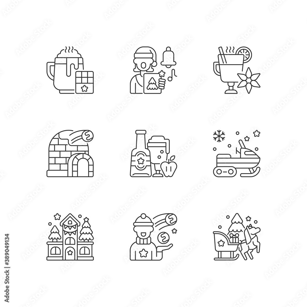 Fototapeta premium Winter season vacation linear icons set. Hot chocolate. Singing carol. Mulled wine. Christmas holiday. Customizable thin line contour symbols. Isolated vector outline illustrations. Editable stroke