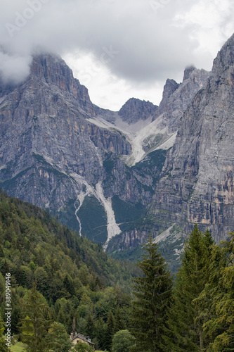 Dolomites, Brenta. Beautiful foggy day in cold summer day in Moveno, Italy