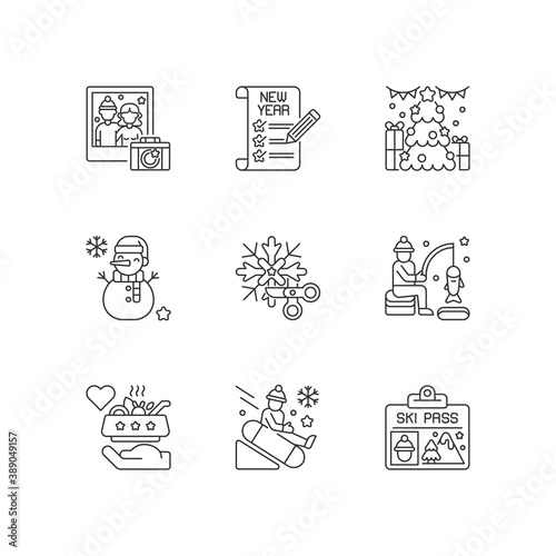 Festive holiday linear icons set. New Year resolution. Christmas time. Winter season entertainment. Customizable thin line contour symbols. Isolated vector outline illustrations. Editable stroke