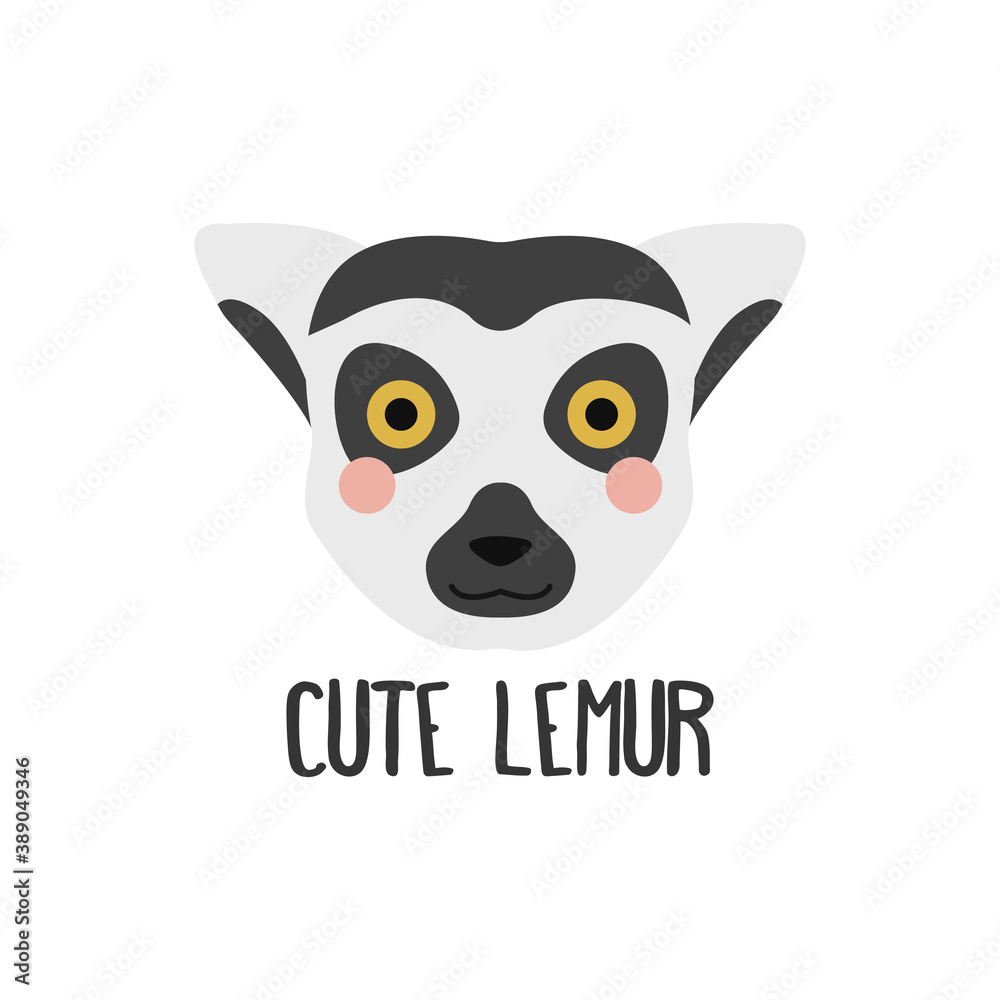 Vector image of a cute lemur face with an inscription on a white background, flat style. Logo, icon