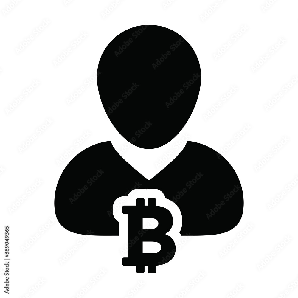 Finance icon vector bitcoin blockchain cryptocurrency with male person profile avatar for digital wallet in a glyph pictogram illustration Finance icon vector bitcoin blockchain cryptocurrency with male person profile avatar for digital wallet in a glyph pictogram illustration