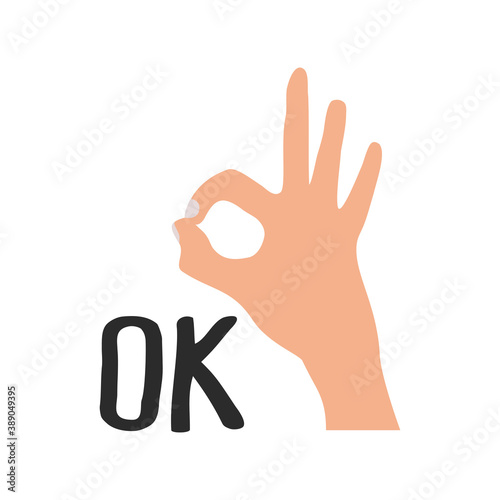 Hand gesture sign "OK". Flat-style illustration. Vector illustration in flat style on a white background with text, logo, icon