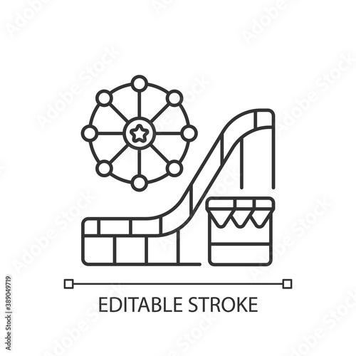 Amusement and theme park linear icon. Vacation time. Events for entertainment purposes. Thin line customizable illustration. Contour symbol. Vector isolated outline drawing. Editable stroke