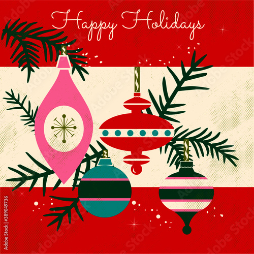 Mid-Century Modern Holiday Greeting Vector: Atomic Ornaments, Bold Colors, and Hand-Lettered Design, Square
