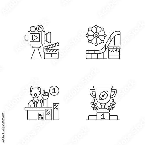 United States linear icons set. Cinema industry. Amusement park. Primaries. Sport achievements. Customizable thin line contour symbols. Isolated vector outline illustrations. Editable stroke