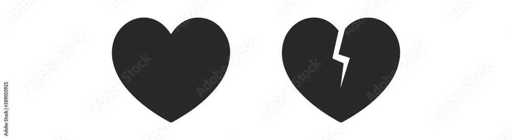 set of black and white illustrations of hearts and broken hearts isolated on white background. Vector illustration. set of black and white illustrations of hearts and broken hearts isolated on white background. Vector illustration.