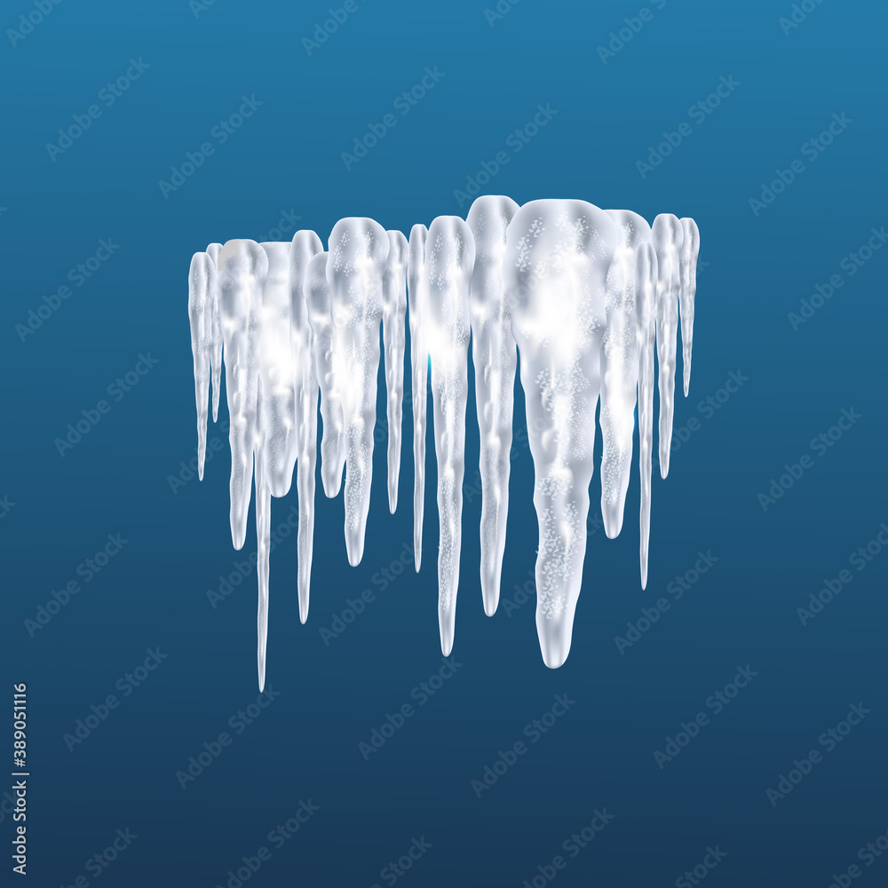 Set of snowy elements,icicles and caps on winter background. Winter seasonal decorations. Vector template in realistic style. Set of snowy elements,icicles and caps on winter background. Winter seasonal decorations. Vector template in realistic style.