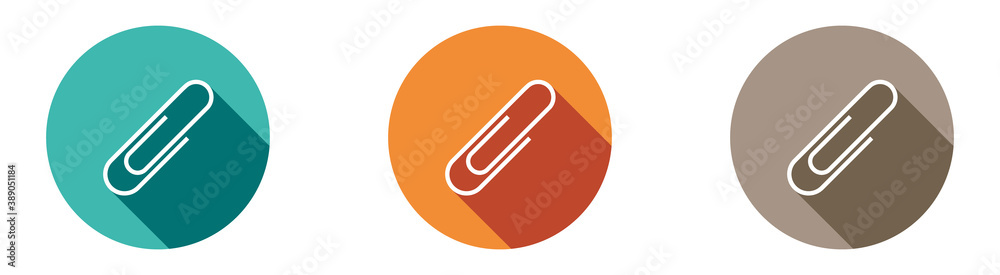Paper clip icon. Set of white icons with a long shadow on blue, orange and gray circles. Sticker style, buttons. Vector illustration isolated on white background Paper clip icon. Set of white icons with a long shadow on blue, orange and gray circles. Sticker style, buttons. Vector illustration isolated on white background
