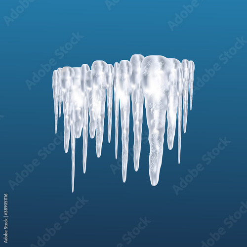 Set of snowy elements,icicles and caps on winter background. Winter seasonal decorations. Vector template in realistic style.