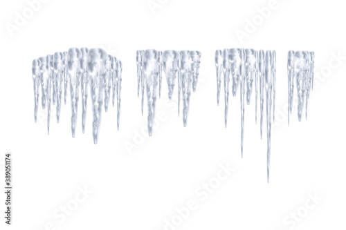 Set of snowy elements,icicles and caps on winter background. Winter seasonal decorations. Vector template in realistic style.