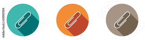 Paper clip icon. Set of white icons with a long shadow on blue, orange and gray circles. Sticker style, buttons. Vector illustration isolated on white background