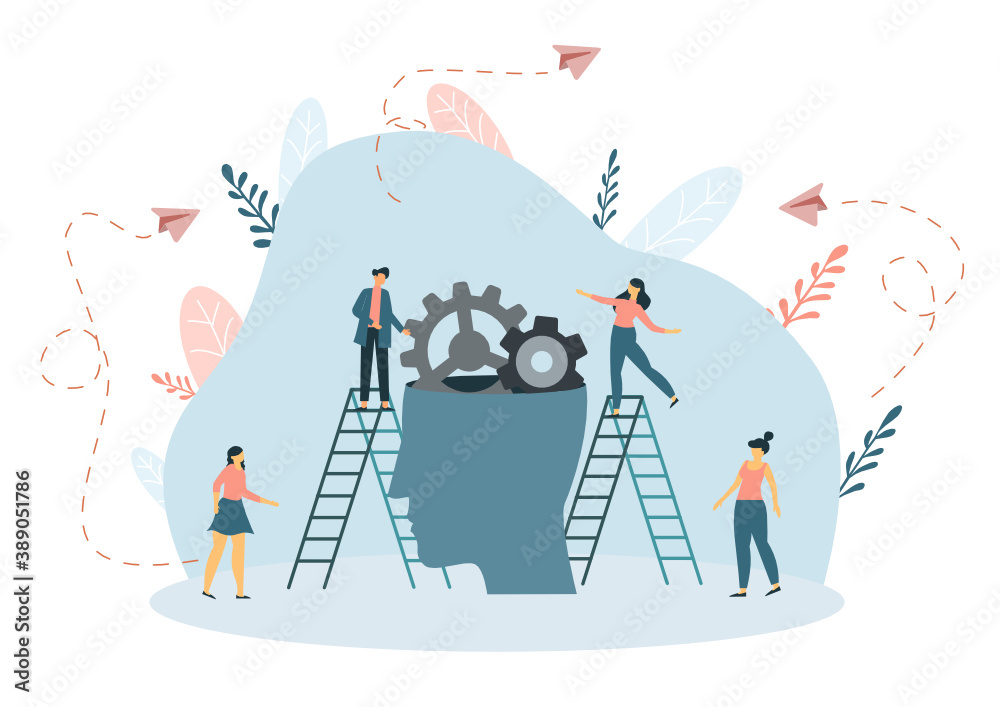 Mental health care treatment vector illustration concept. specialist doctor work to give psychology therapy. Tiny people character with ladder design. Banner, poster, or media social printing.