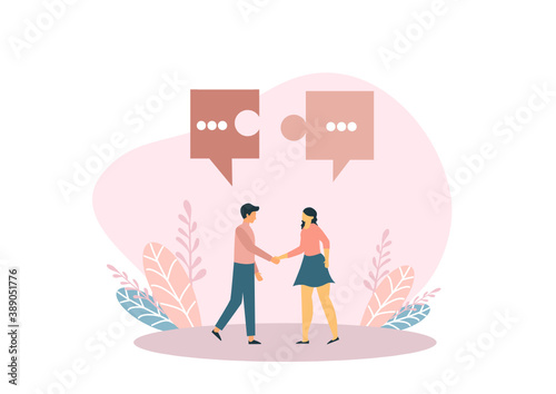 Flat style, businessmen discuss social networks, news, social networks, chat, dialogs, speech bubbles, thoughts puzzle vector