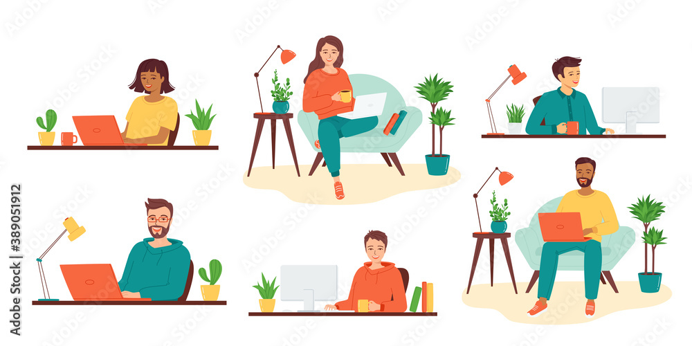 Set of diverse men and women of different nationalities with a laptop, computer. Concept of remote work, e-learning, distance education, freelance, programming, courses, retraining.Vector illustration