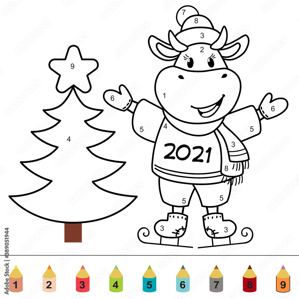 Cute cartoon cow. Vector illustration with bull, symbol of the Chinese new year 2021. Cow on ice. Coloring pages. Cute cartoon cow. Vector illustration with bull, symbol of the Chinese new year 2021. Cow on ice. Coloring pages.
