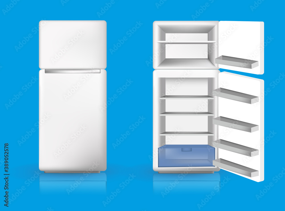 Refrigerator Fridge realistic set of isolated cold storage units with open and closed door vector illustration Refrigerator Fridge realistic set of isolated cold storage units with open and closed door vector illustration