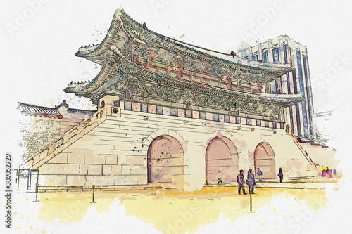 Photography Watercolor drawing picture of Gyeongbokgung Palace famous landmark at seoul south korea