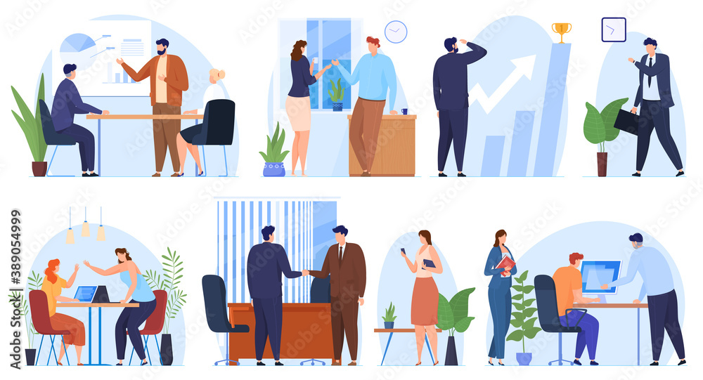 Set of office scenes. Women and men working in the office, business meetings, signing contracts, vector illustration