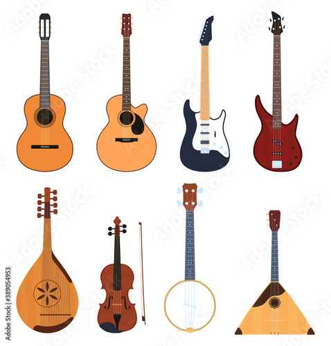 Set of musical instruments, stringed musical instruments, classical musical instruments, guitars, national musical instruments. Vector illustration