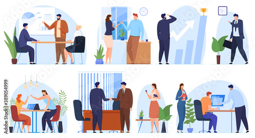 Set of office scenes. Women and men working in the office, business meetings, signing contracts, vector illustration