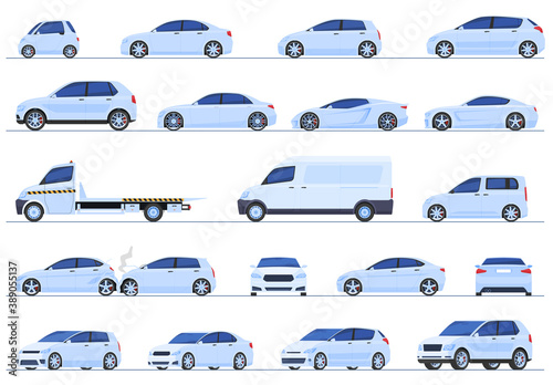Set of different cars, sedan, hatchback, SUV, station wagon, sports car, super cars, vector illustration