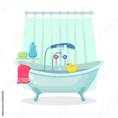 Bath full of foam with bubbles isolated on background. Bathroom interior. Shower taps  soap  bathtub  rubber duck and pink towel. Comfortable equipment for bathing and relaxing