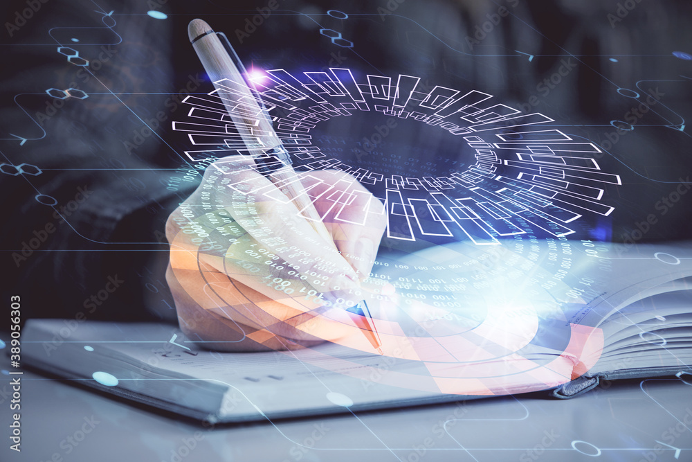 Multi exposure of woman's writing hand on background with data technology hologram. Concept of innovation. Multi exposure of woman's writing hand on background with data technology hologram. Concept of innovation.